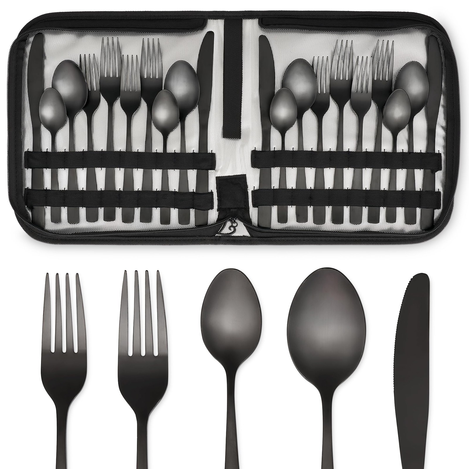 20 Piece Stainless Steel Flatware Set Black Matte Cutlery Forks Spoons Case
