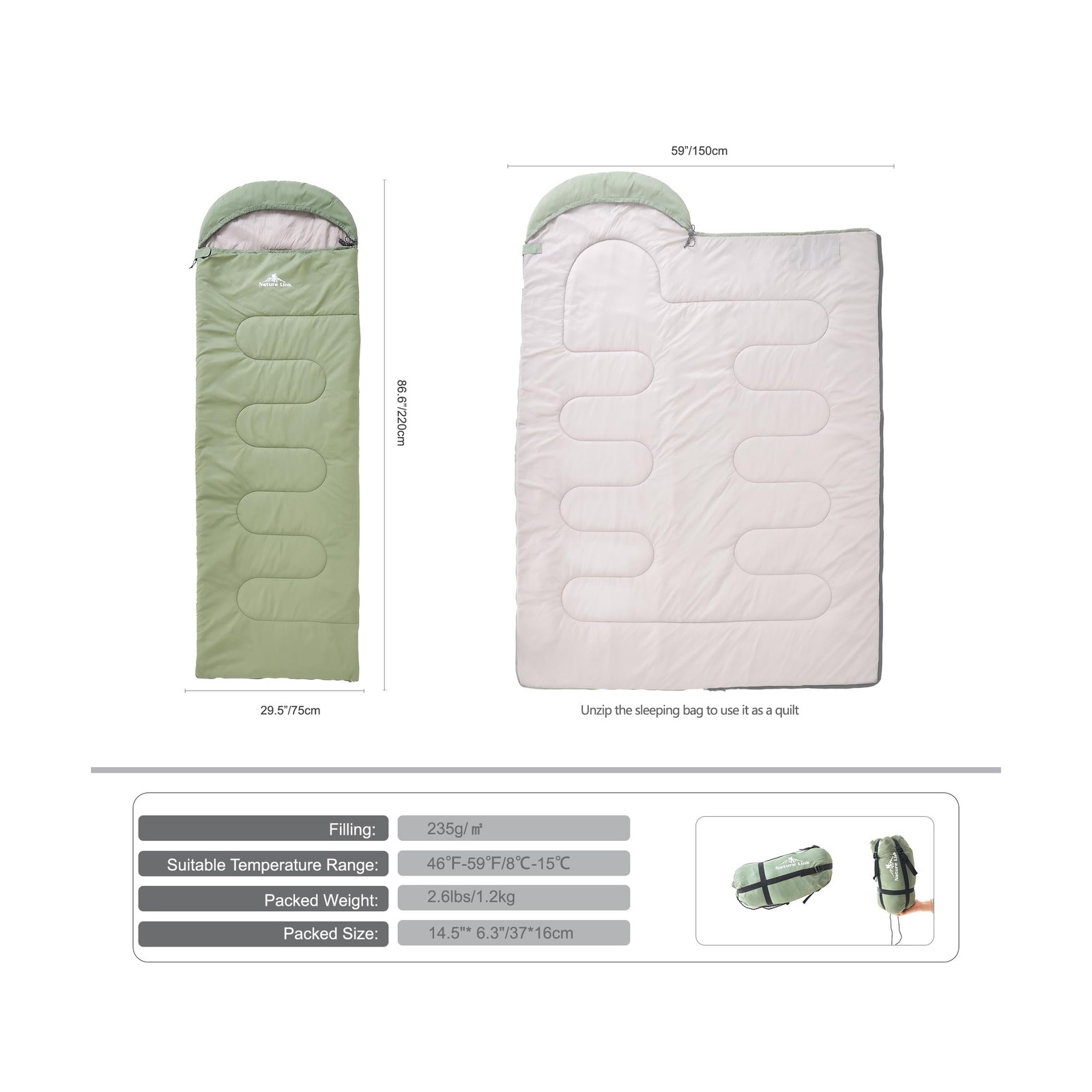 Lightweight Sleeping Bag 2.43lbs, Backpacking Sleeping Bag 46℉-59℉,.