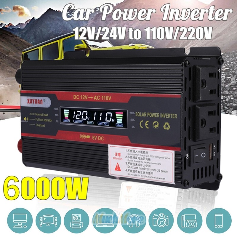 6000W Vehicle Car Power Inverter Watt DC 12V 24V to AC 110V Sine Wave Converter