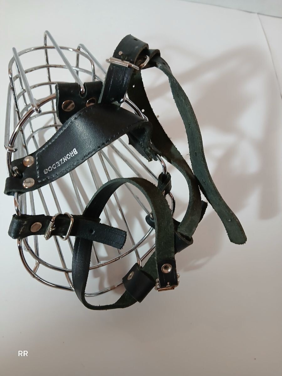 BRONZEDOG Dog Muzzle Metal Mask - Wire Basket - Adjustable leather Straps Large