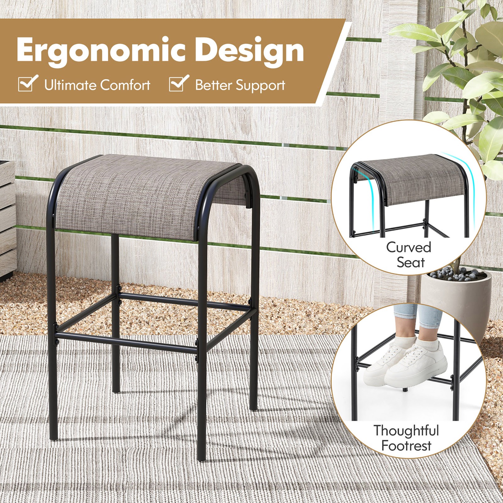 5-Piece Patio Dining Set w/ Umbrella Hole Metal Frame & Breathable Fabric Seat