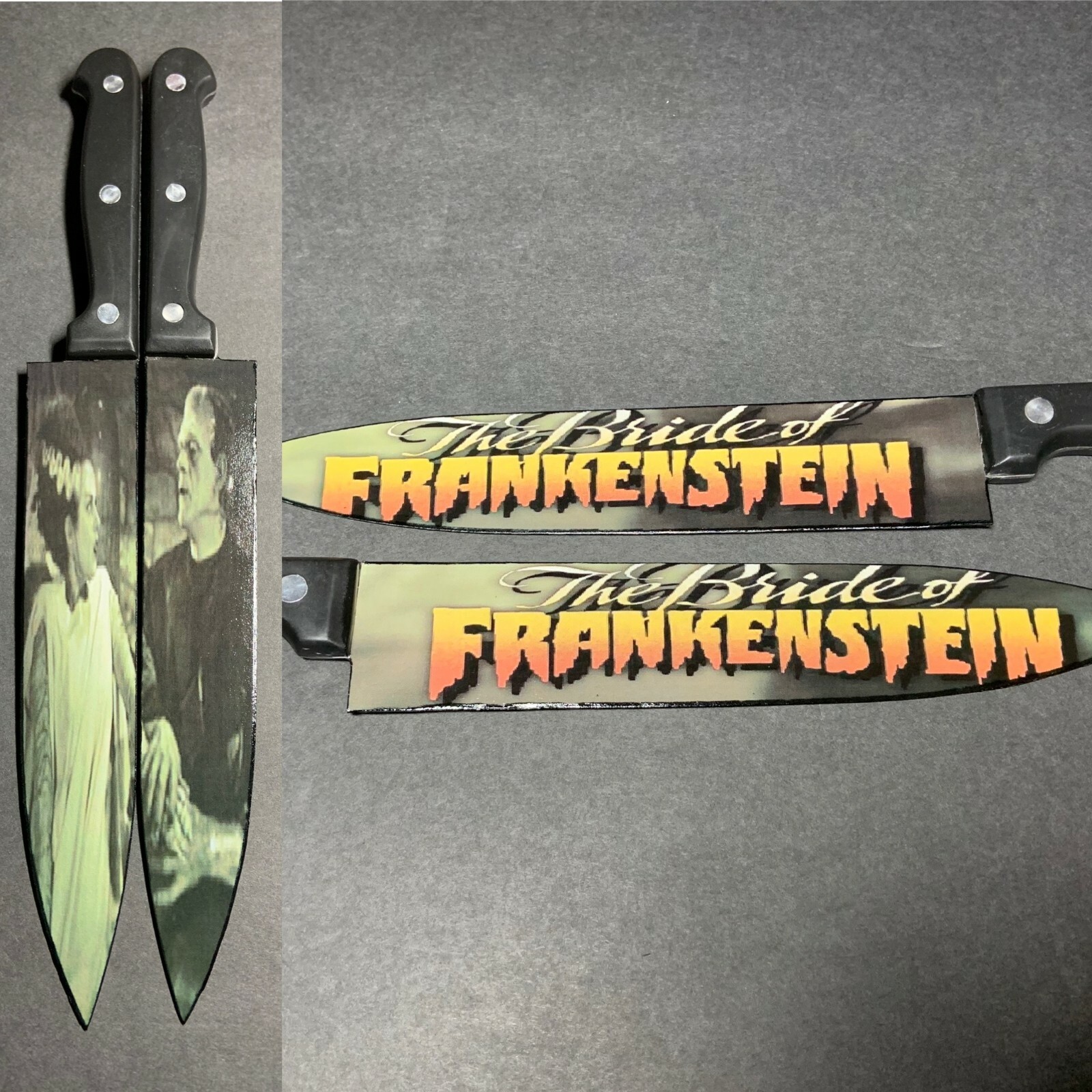 Bride of Frankenstein 2 Knife Set With Sublimated Stands