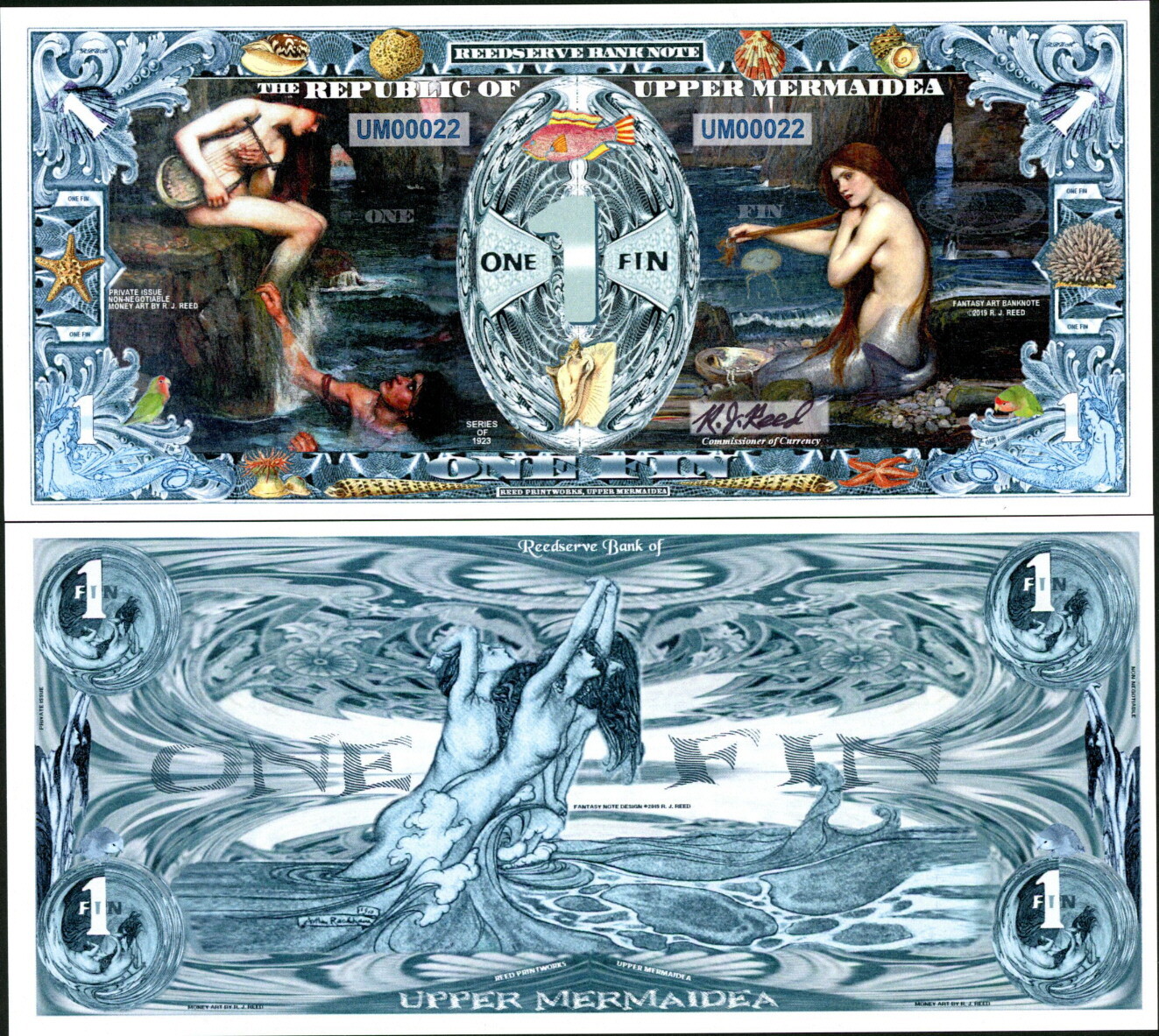 NEW LOVELY & COMPLEX UPPER MERMAIDEA ONE FIN FANTASY ART NOTE FEATURES MERMAIDS!