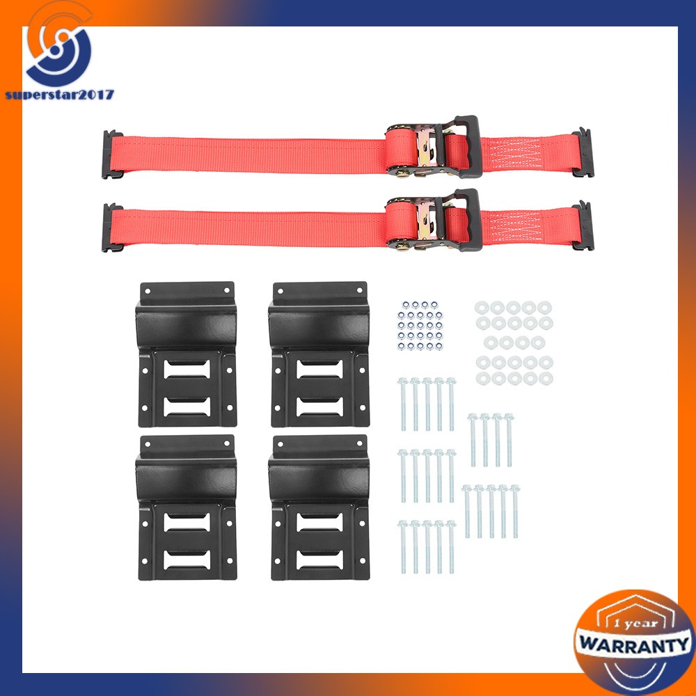 Black Wheel Chock And Red 6ft Ratchet Strap Kit Fit For E Track System Polyester