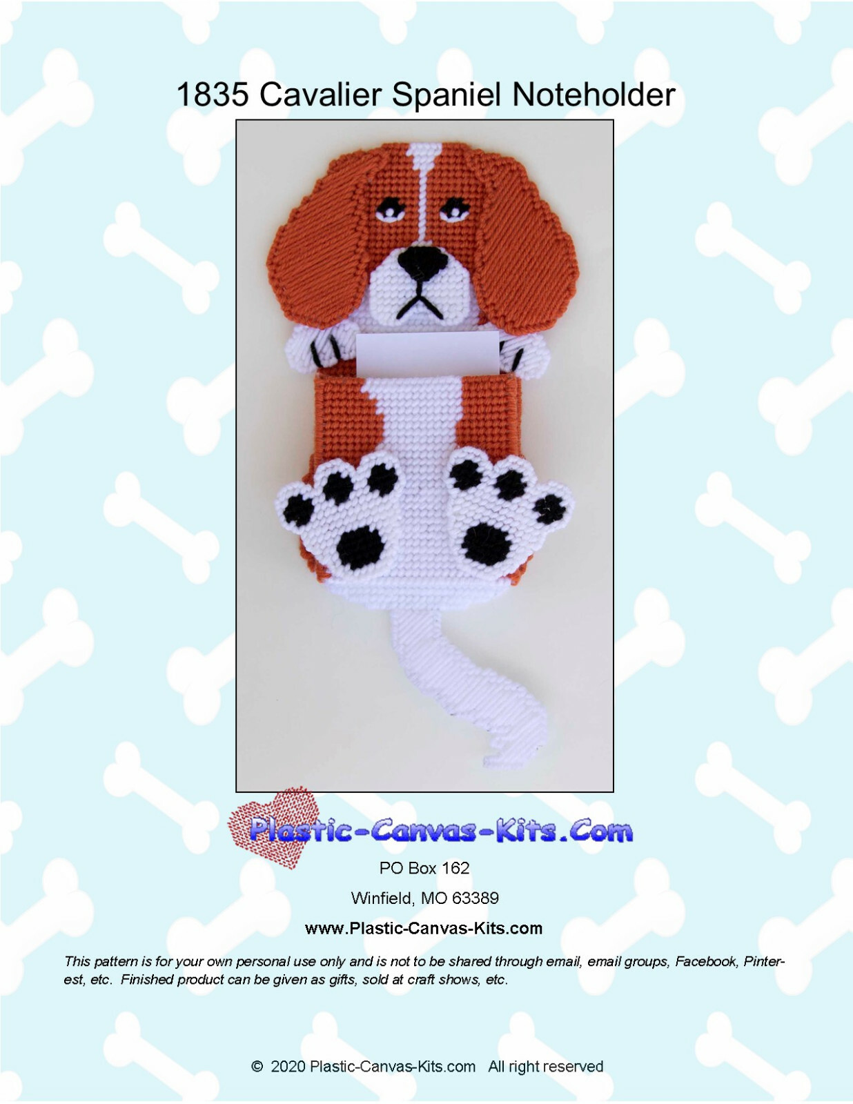 Cavalier Spaniel Magnetic Note Holder- Plastic Canvas Pattern or Kit
