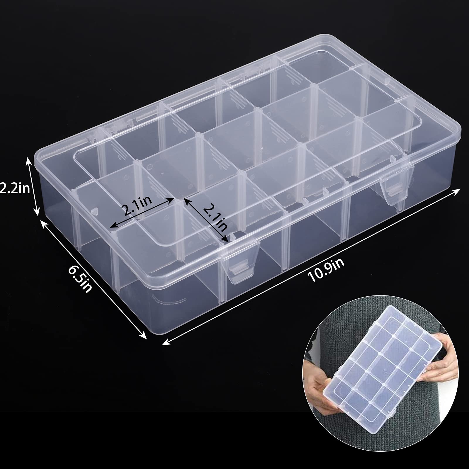 3 Pack 15 Grids Large Plastic Storage Organizer Box,15 Compartments with Divi...