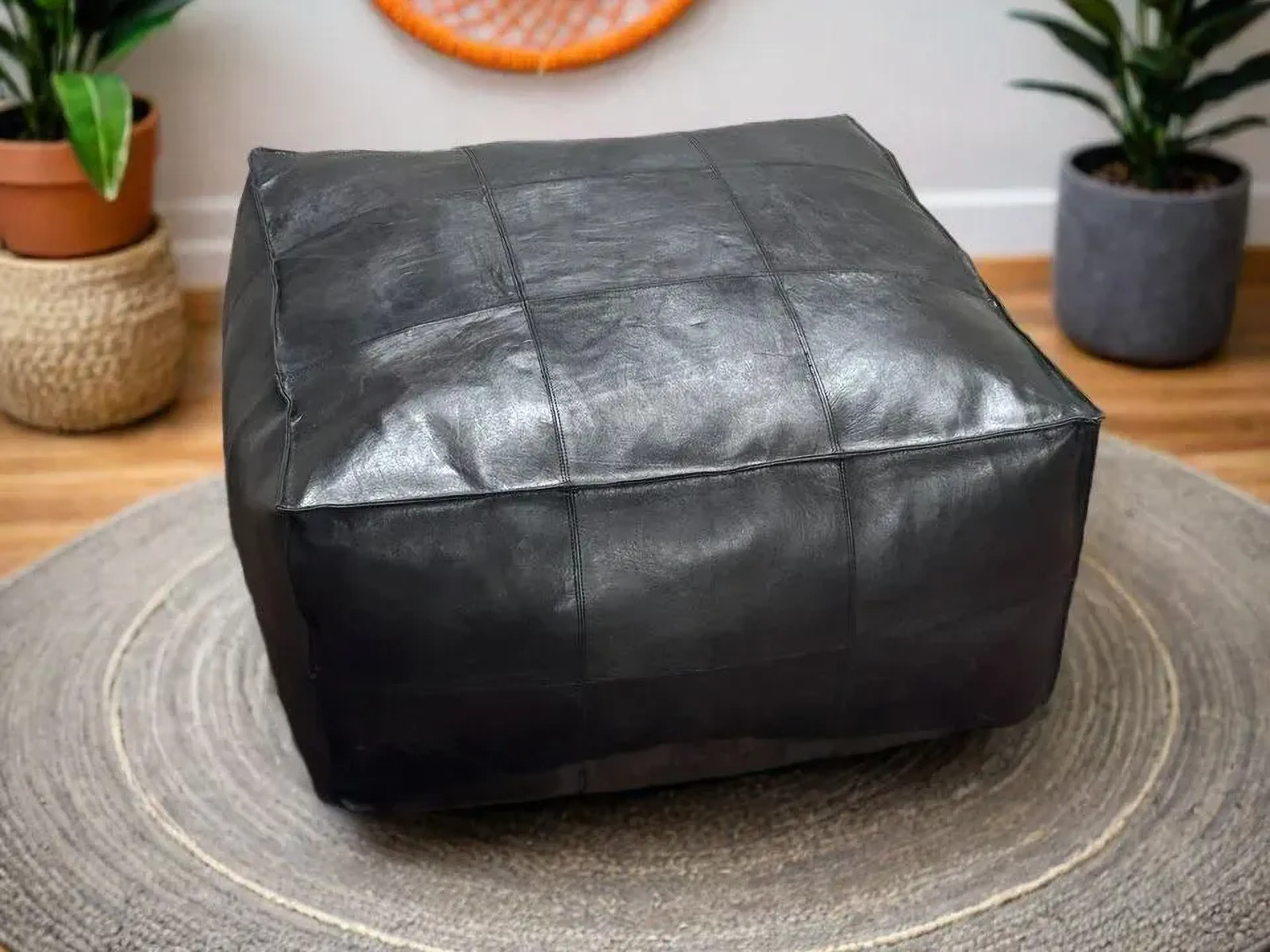 New Square Goat Leather Black Handmade Wonderful Moroccan Ottoman