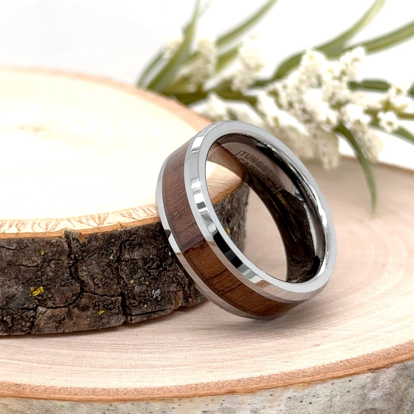 Silver Tungsten Band For Christmas Gifts 8mm Wood Inlay Polished Fashion Ring