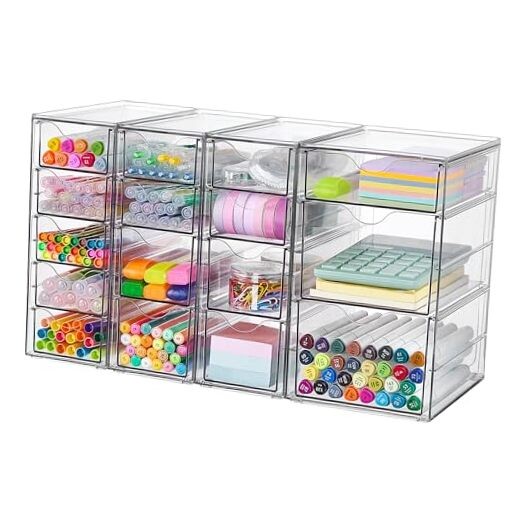 4 Set Clear Desk Organizer, Pen Organizer with 16 Drawers, Acrylic Desktop