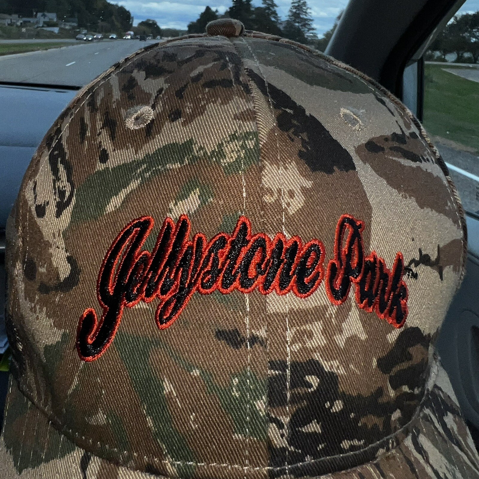Jellystone Orange Letters w Black Outline on Camouflage Hat Cap Hook Loop EUC