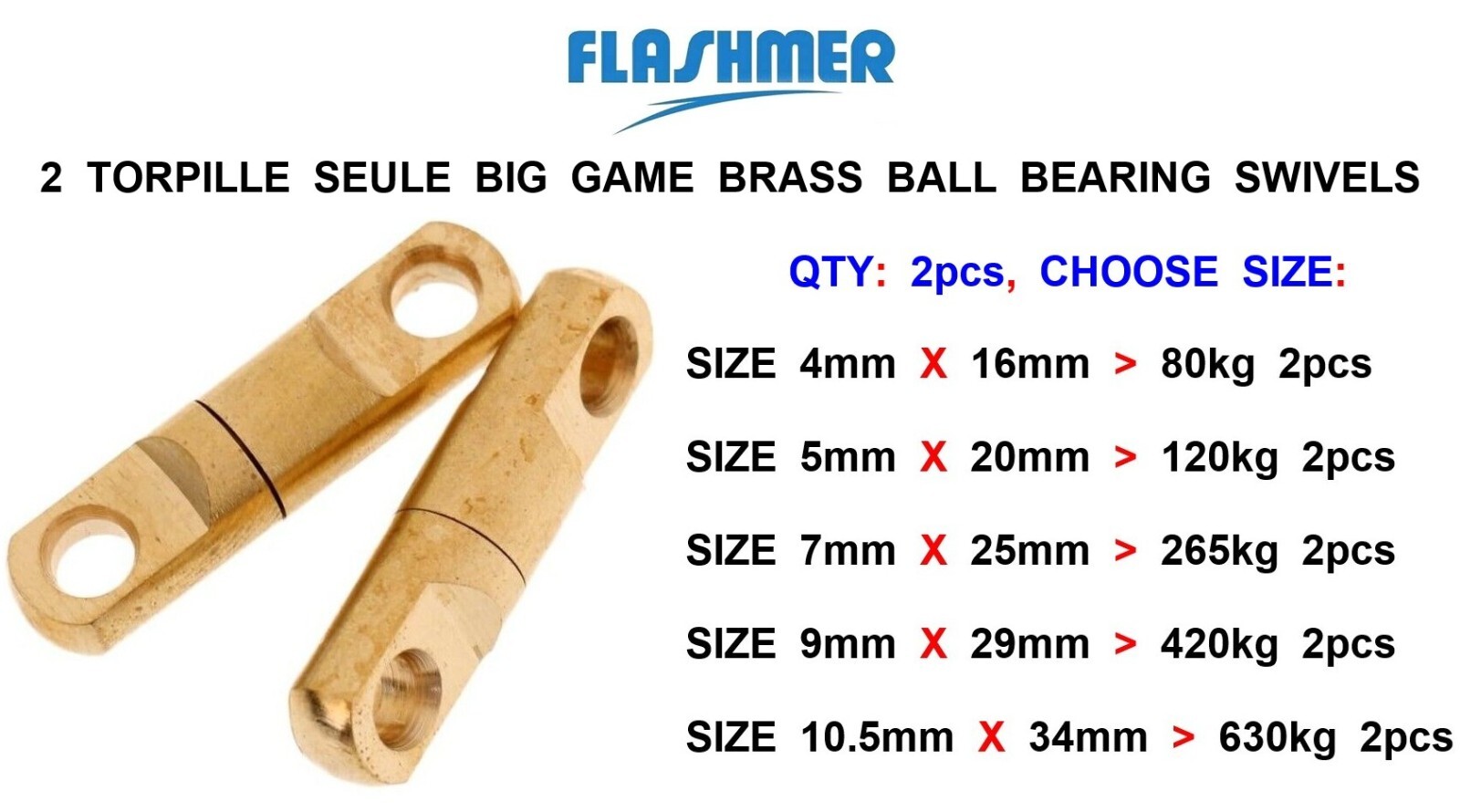 2 FLASHMER BIG GAME HEAVY DUTY BRASS BALL BEARING SWIVELS TUNA SHARK RAY CONGER