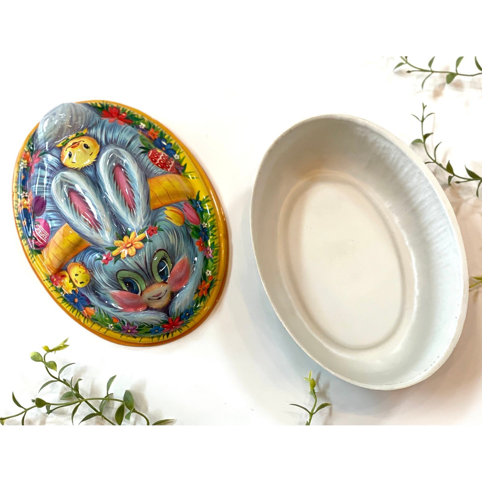 Vintage Kitsch Easter Bunny Basket: Plastic Egg Rabbit Spring Decor