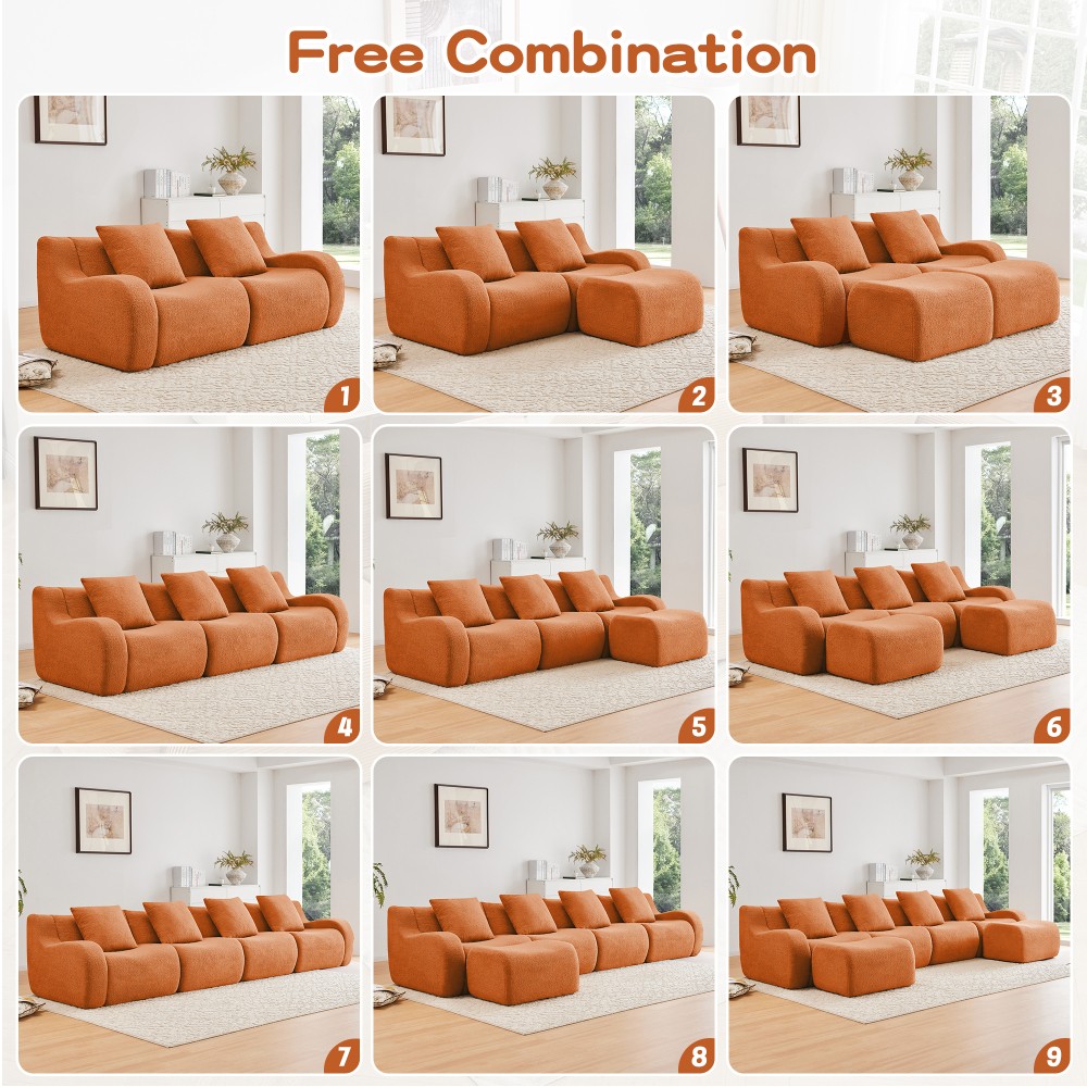 3-Seat Sofa w/ Teddy Fabric, Anti-Slip Base & Curved Armrests - Orange