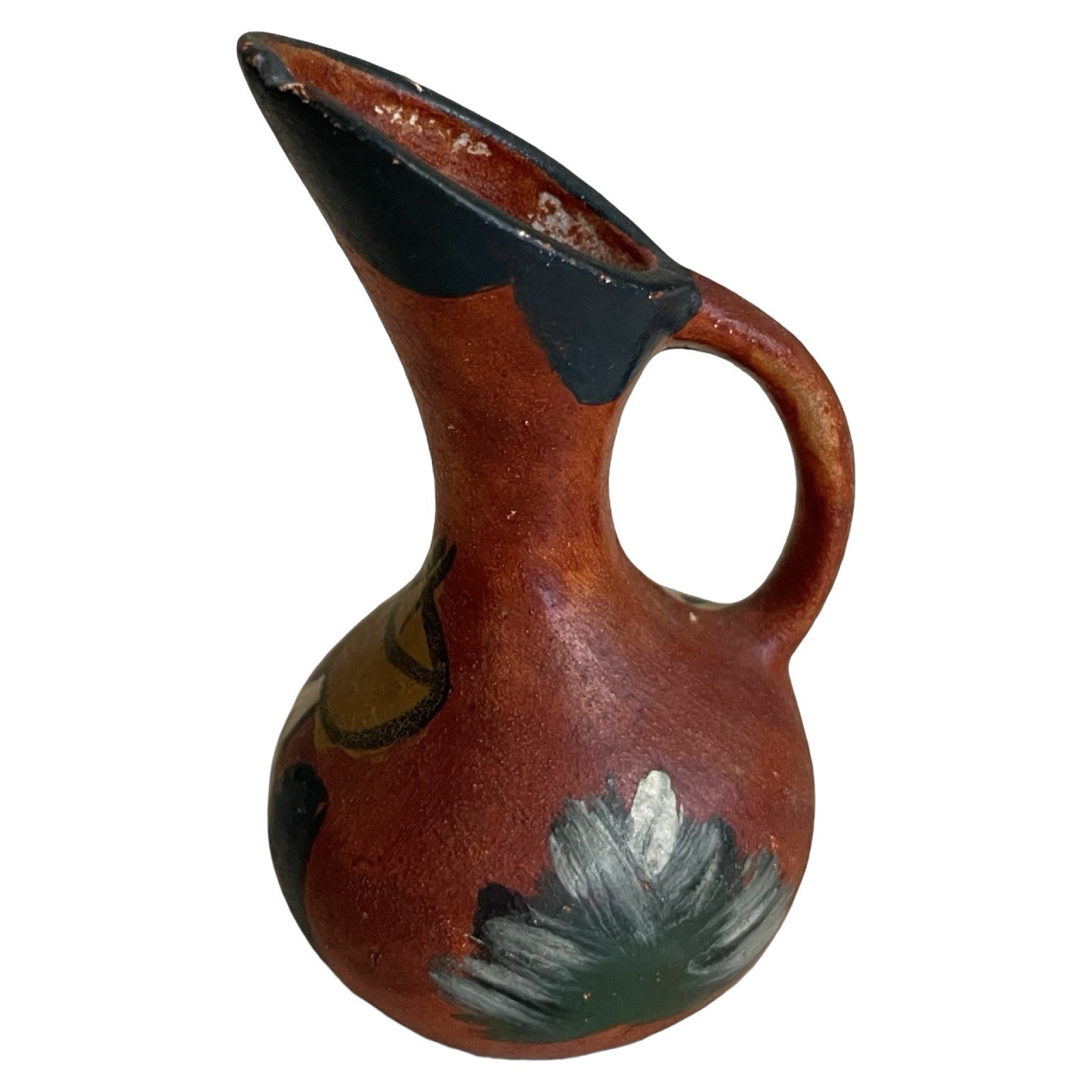 Handpainted Pottery Peruvian Carafe Pitcher Mini Vase Man Cactus Clay Brown 3”
