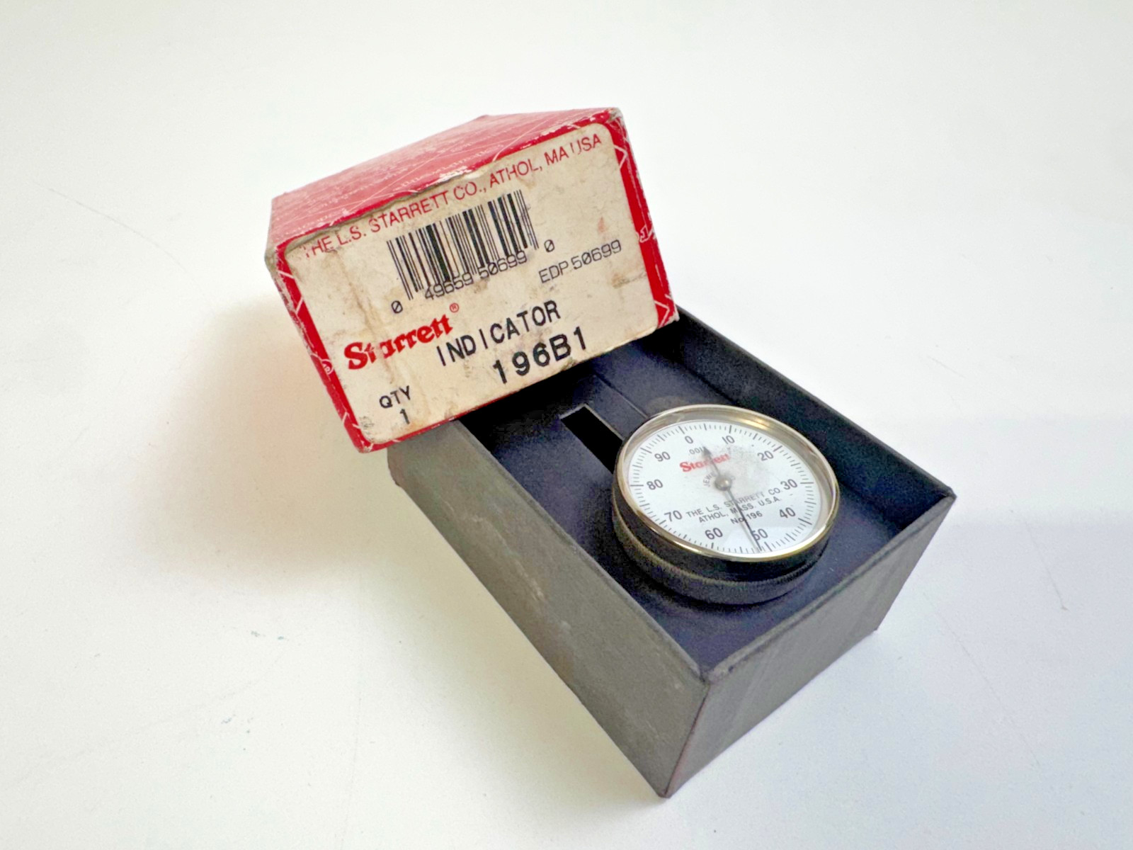 Starrett No. 196B1 Dial Test Indicator .001" Back Plunger 0-100 w/Box USA