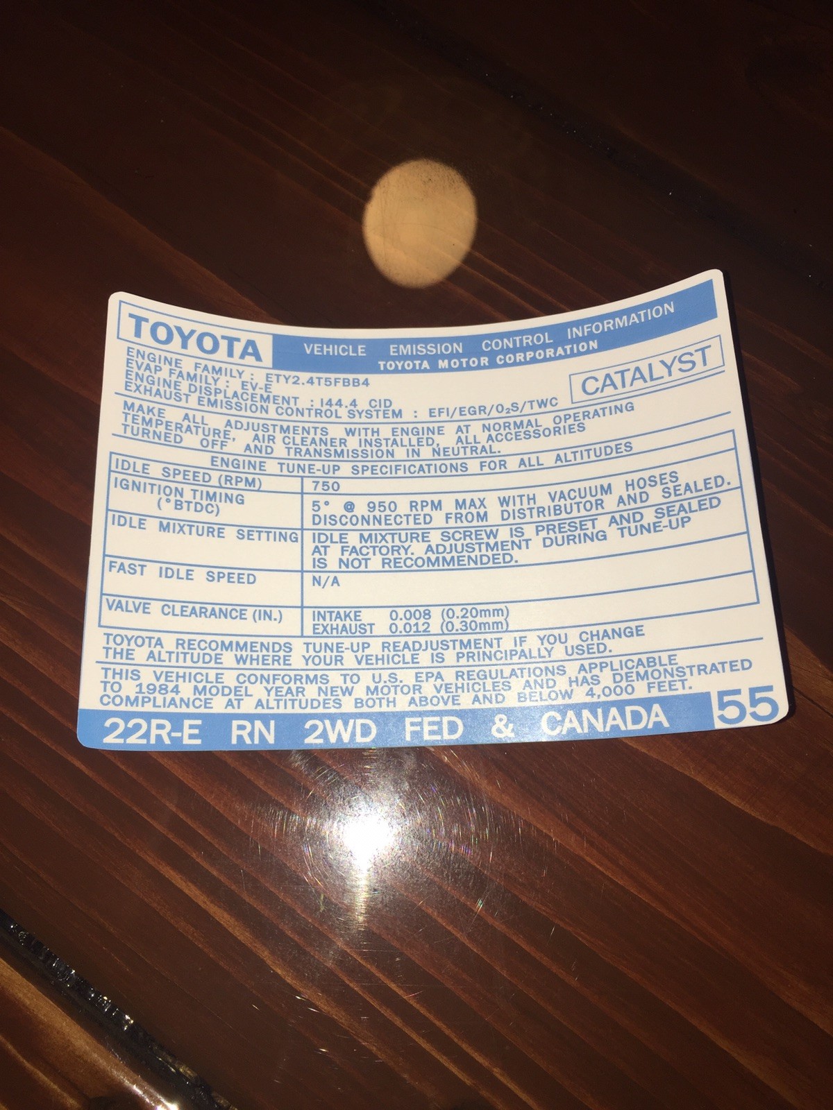 1984 Toyota Pickup Truck/4runner Emissions Decal Repro Sticker 2wd 22re Efi #55