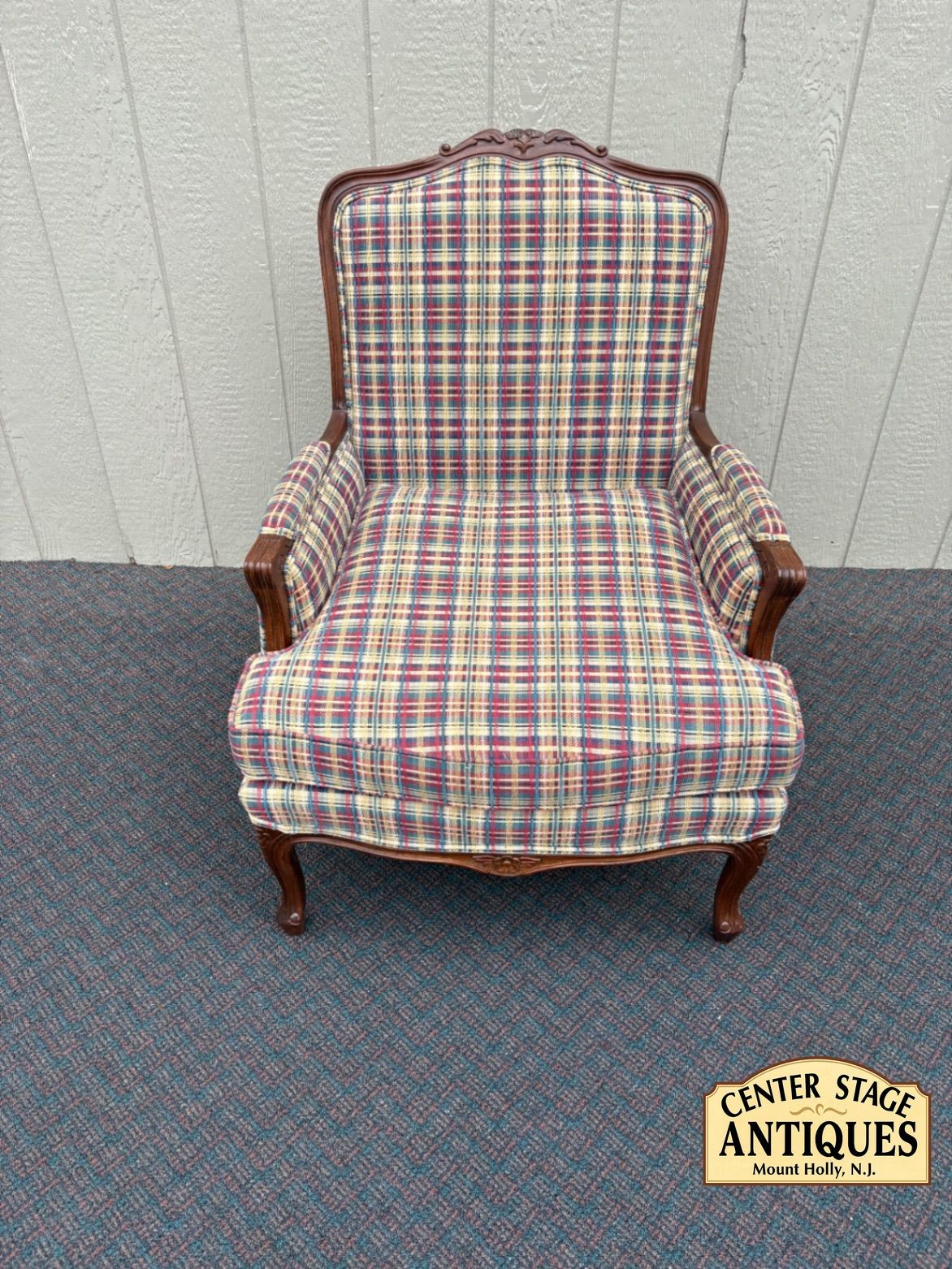 67548 Ethan Allen Louis XV Style Armchair with Plaid Upholstery