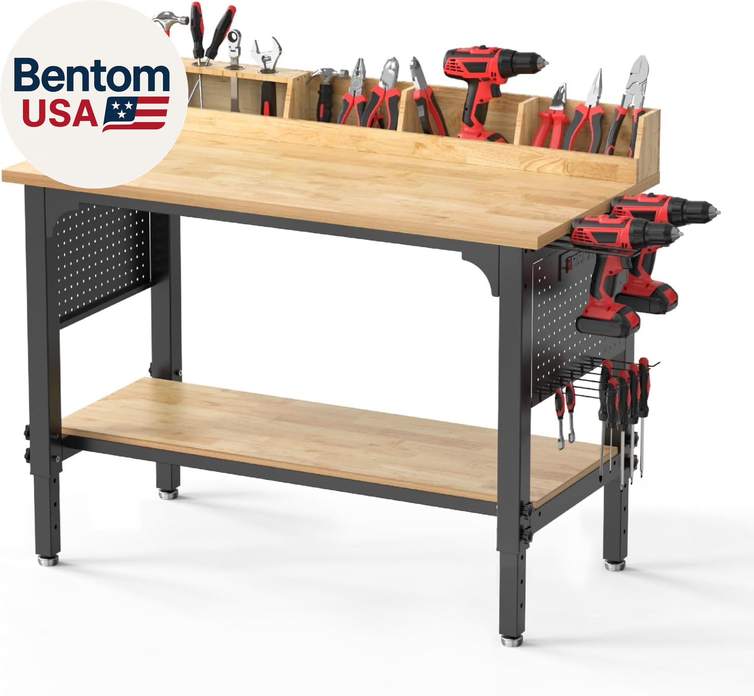 Heavy-Duty 48" Adjustable Height Workbench - 2200 LBS Capacity with Storage & Pe