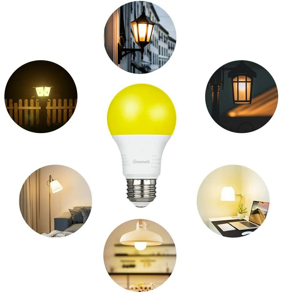 DEWENWILS LED Bug Light Bulbs Outdoor 4 Pack A19 Yellow Light Bulb 600LM E26
