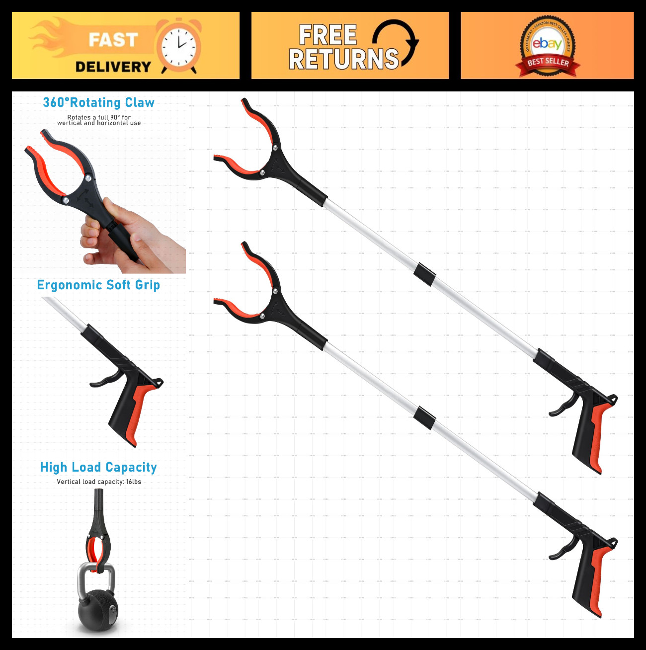 32" Foldable Grabber Reacher Tool - 2 Pack, Lightweight Arm Extension, Trash Pic