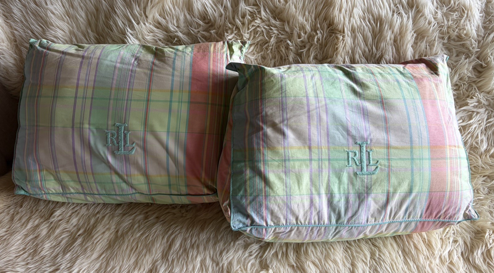 2- Ralph Lauren Wedge Lumbar Reading Bed Pillow 20" x 14" Plaid LRL Monogram