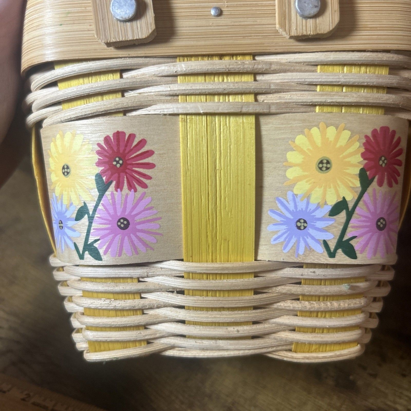 Painted Basket Double Hinge Handles Split Light Color Wood Floral Easter Spring