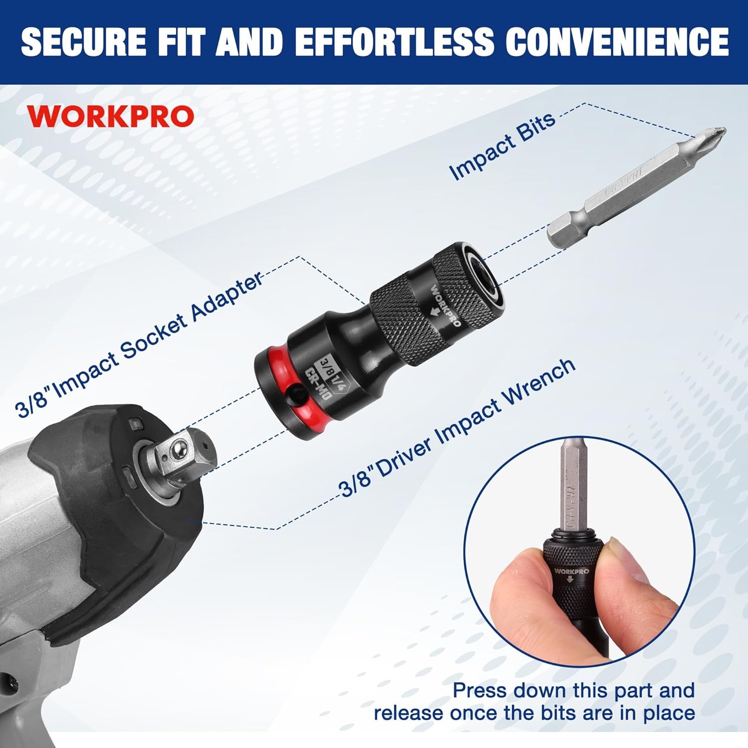 WORKPRO 3/8" Square to 1/4-in Hex Quick Release Impact Socket Adapter Bit Holder