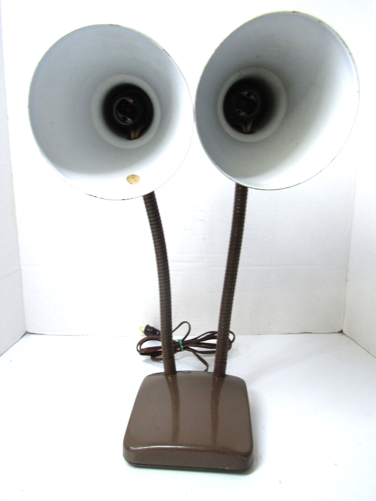 Vintage Twin Gooseneck Retro Midcentury Desk Lamp Brown White Adjustable CLEAN!