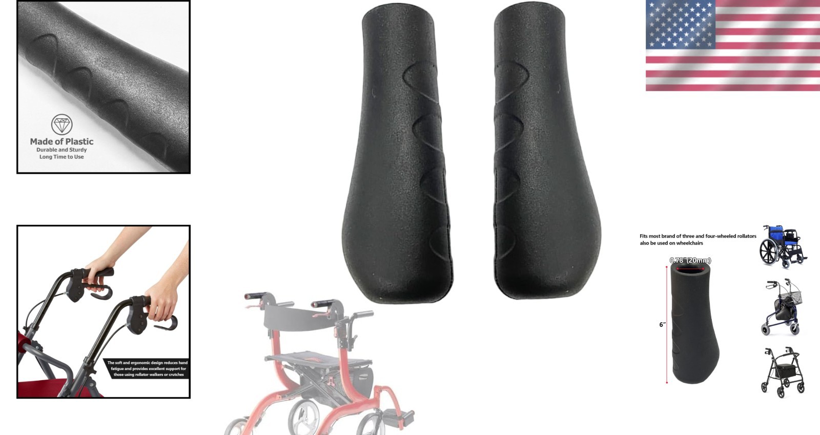Rollator Hand Grip for Rolling Walker Replacement - 0.78" (20mm), Black-B
