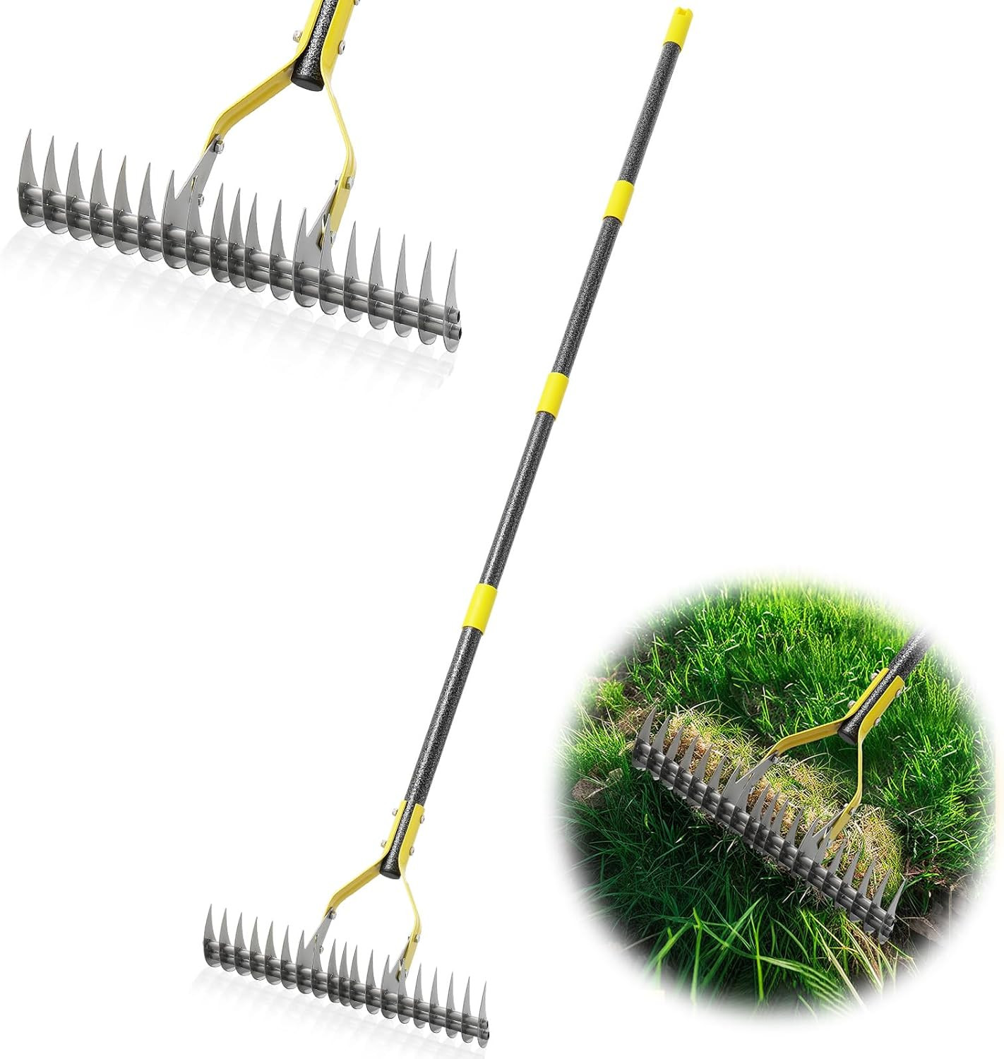 Thatch Rake 5.5FT Heavy Duty Metal Dethatcher Rake with Adjustable Long Handle 1