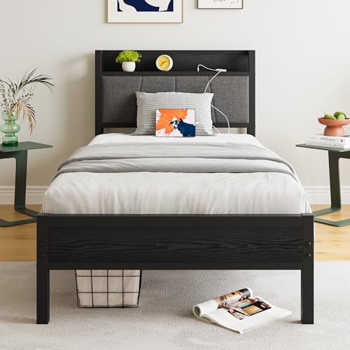 Bed Frame with Storage Headboard/USB Charging Station,Heavy Twin Black/Grey