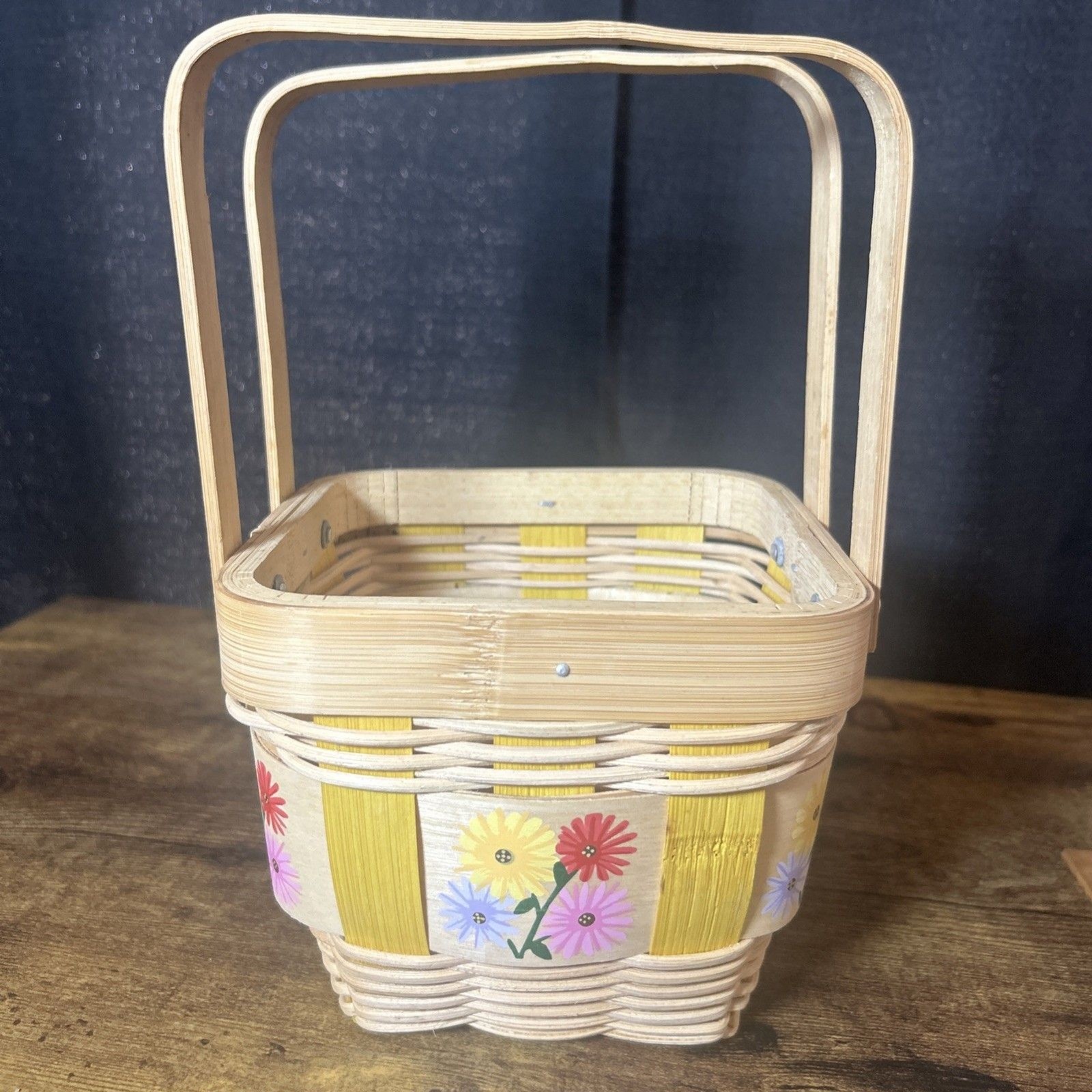 Painted Basket Double Hinge Handles Split Light Color Wood Floral Easter Spring