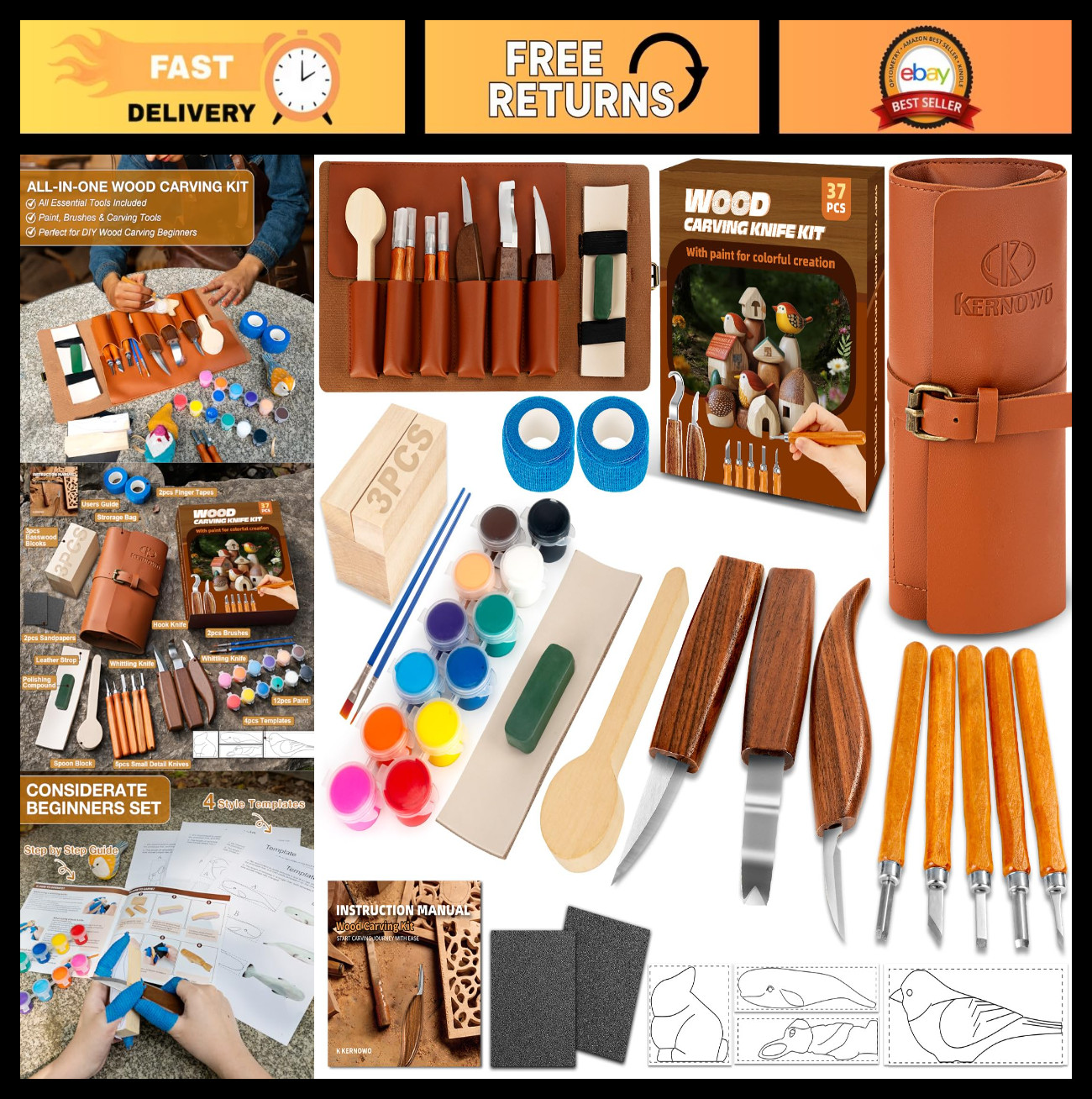 37pcs Wood Carving Tools Set, Whittling Kit with 12 Color Paint & Templates, Beg