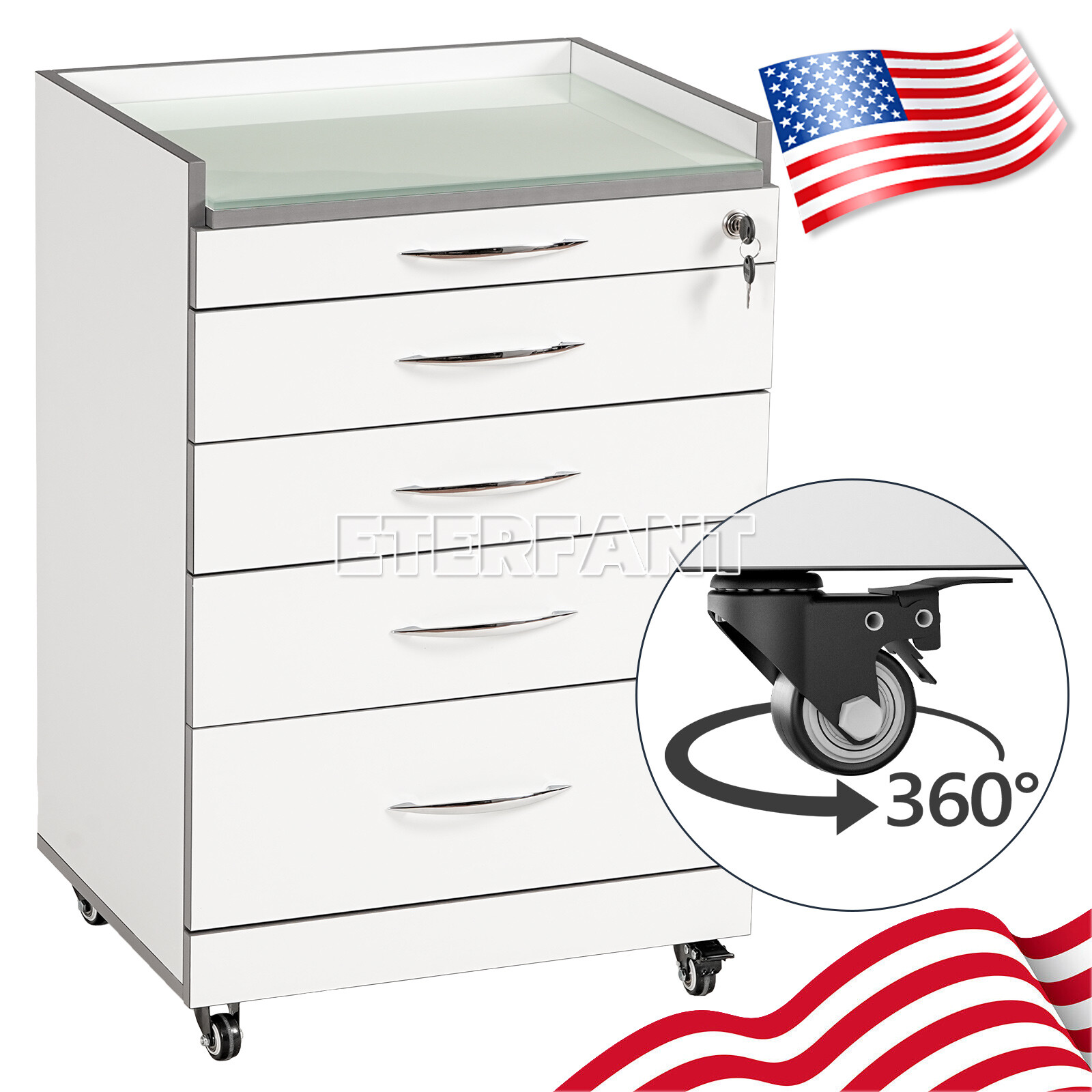 Dental Storage Rolling Cart 4Drawers w/Socket Wooden Cabinet Tempered Glass Top