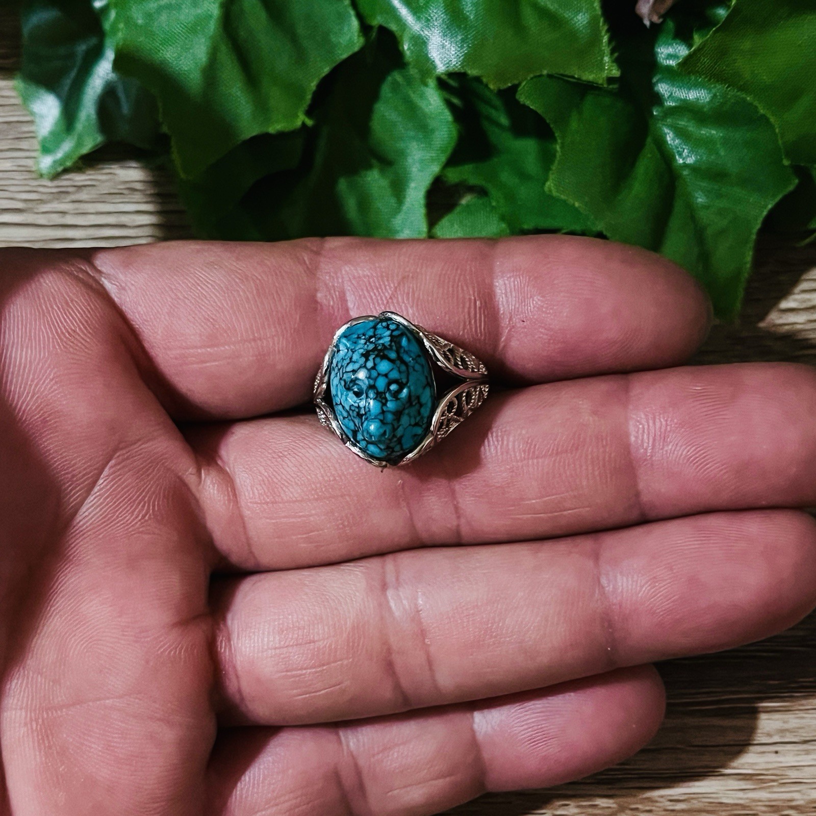 Hand-carved Turquoise Wolf Ring Statement Men’s Ring Amulet Size Fixable