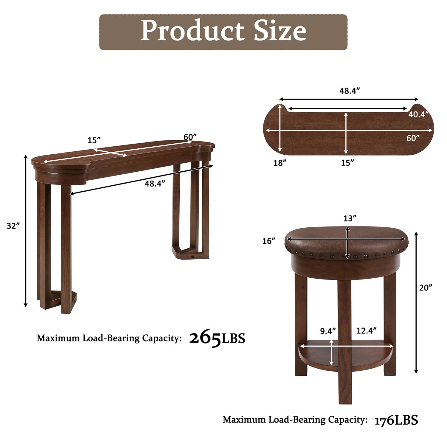 4 Piece Set Counter Height Bar Table & 3 PU Padded Solid Wood Stools Espresso