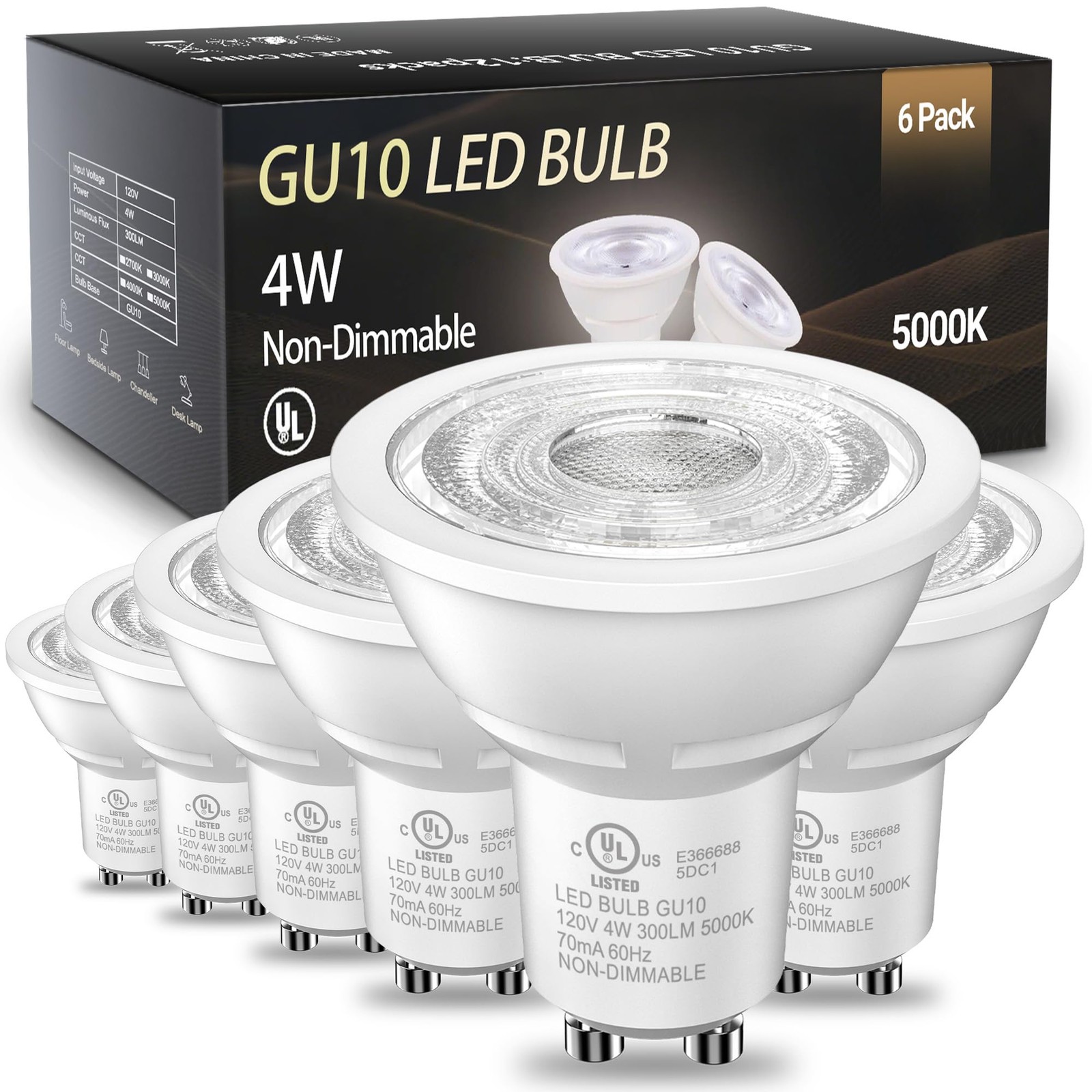 GU10 LED Light Bulbs NonDimmable, 4W, 5000K Daylight White, 300LM, Equivalent...