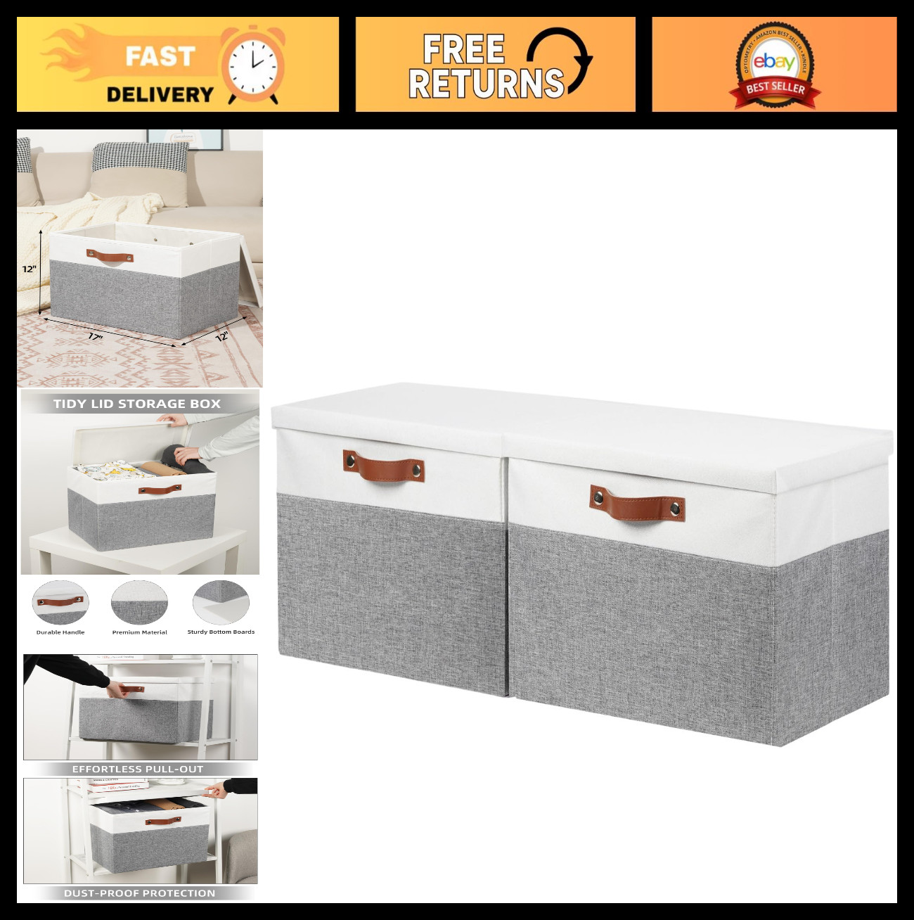 Large Fabric Storage Bins with Lid - Set of 2 Decorative Baskets for Closet & Sh