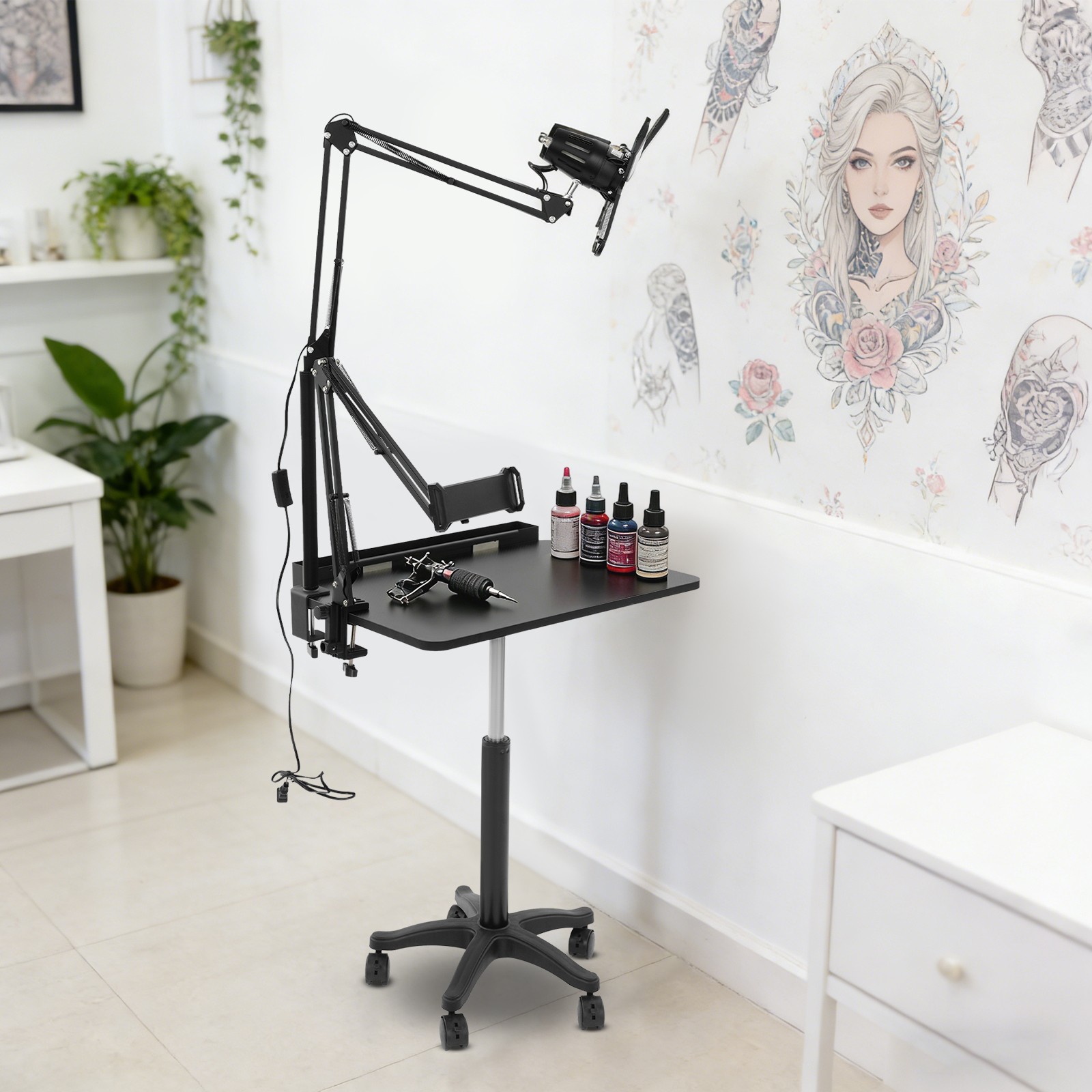 Black Salon Rolling Workstation With Led Light Adjustable Height Workstation