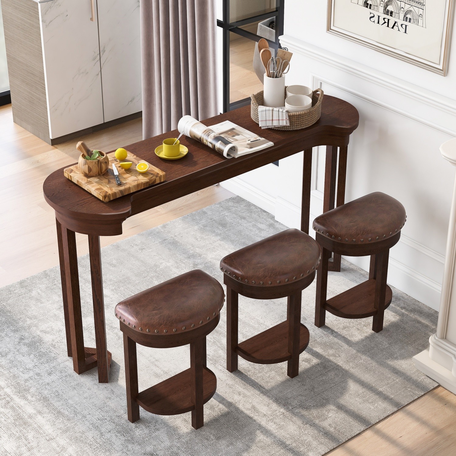 4 Piece Set Counter Height Bar Table & 3 PU Padded Solid Wood Stools Espresso