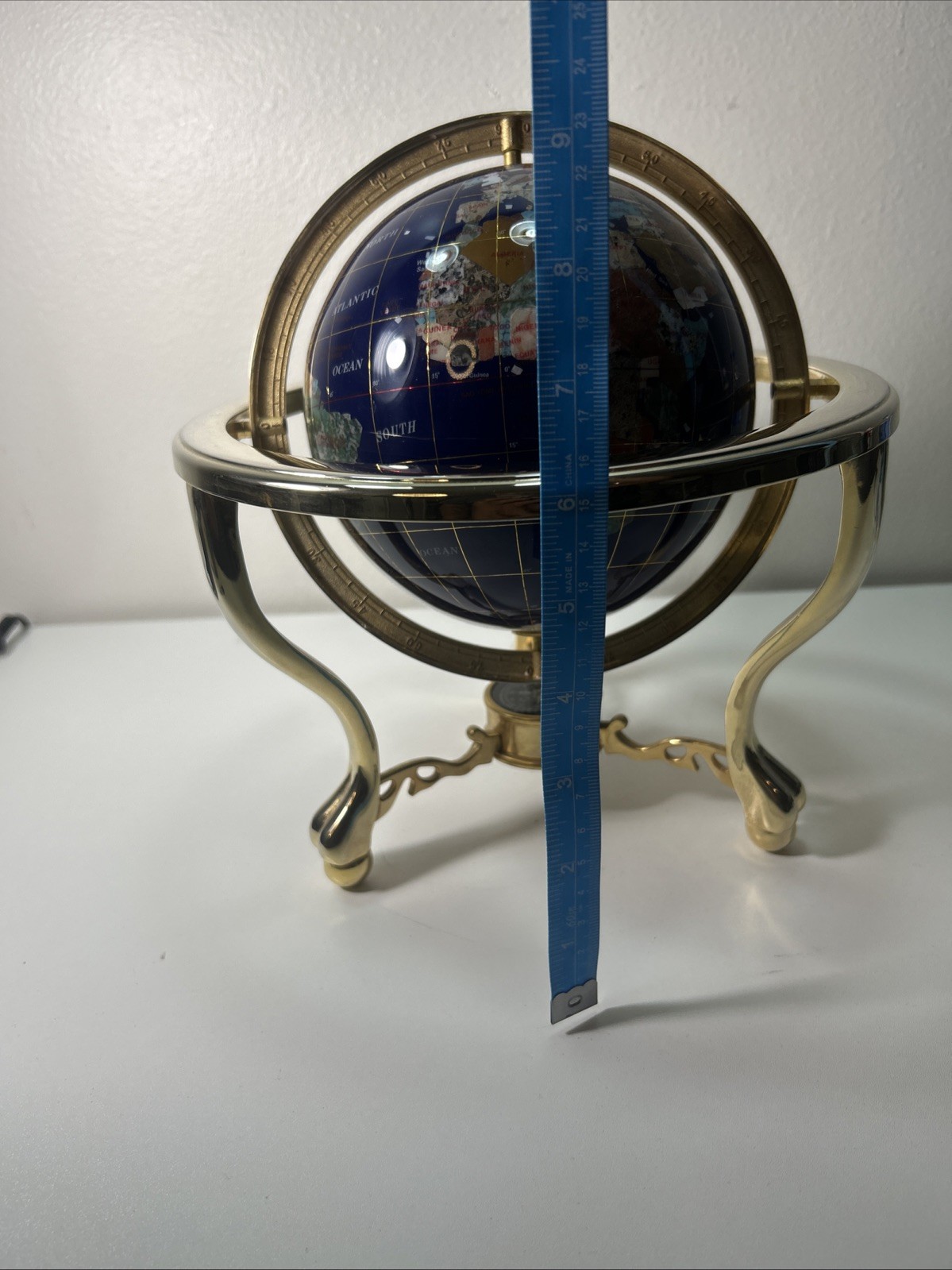 Globe Blue Ocean Gold Tone 3 Leg Table Stand Gen MOP World Map GEM STONE