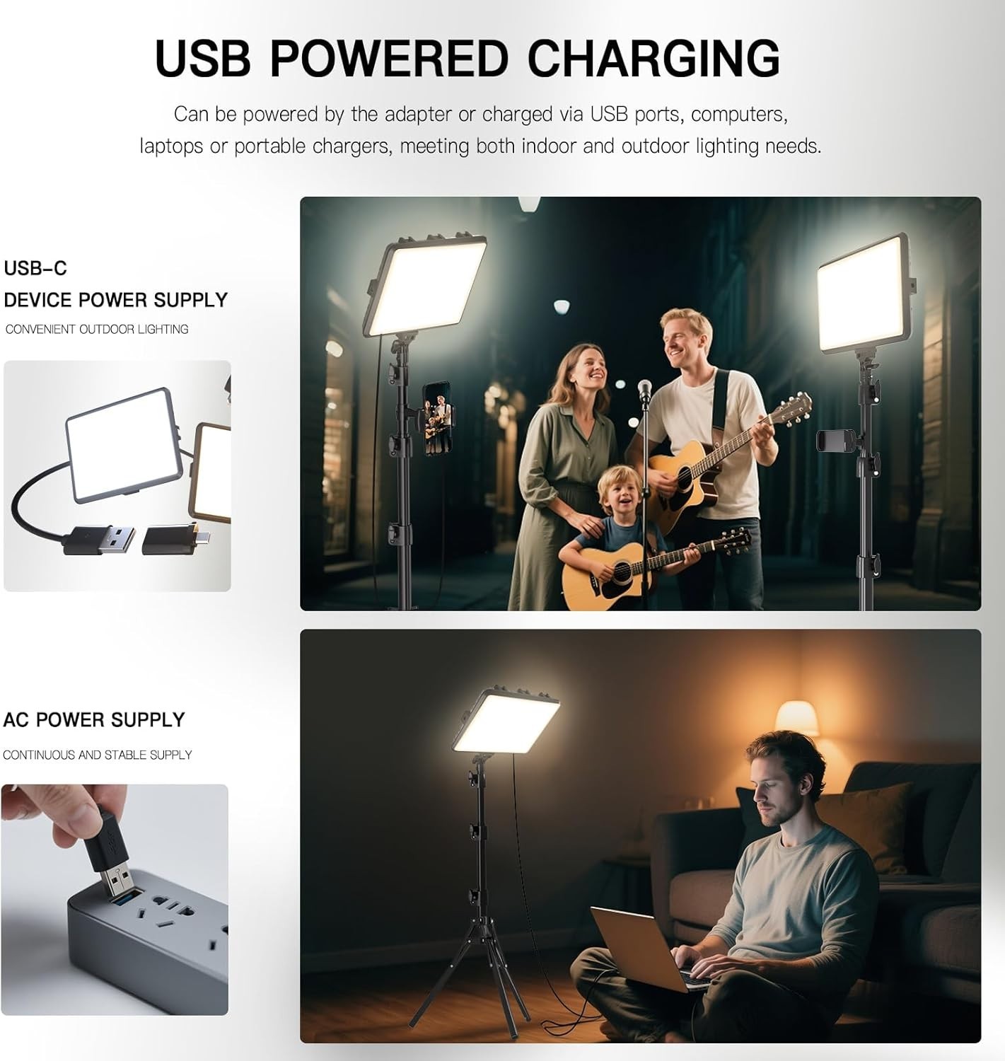 2-Pack Dimmable Photography Lights with Tripod Holder & USB Connectivity