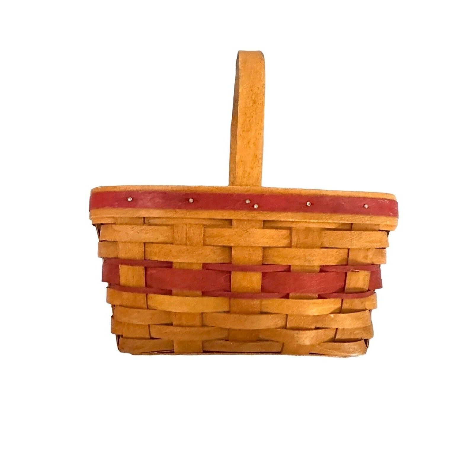 Longaberger Basket Woven Stationary Handle Red Trimmed Basket 1993 Signed EUC