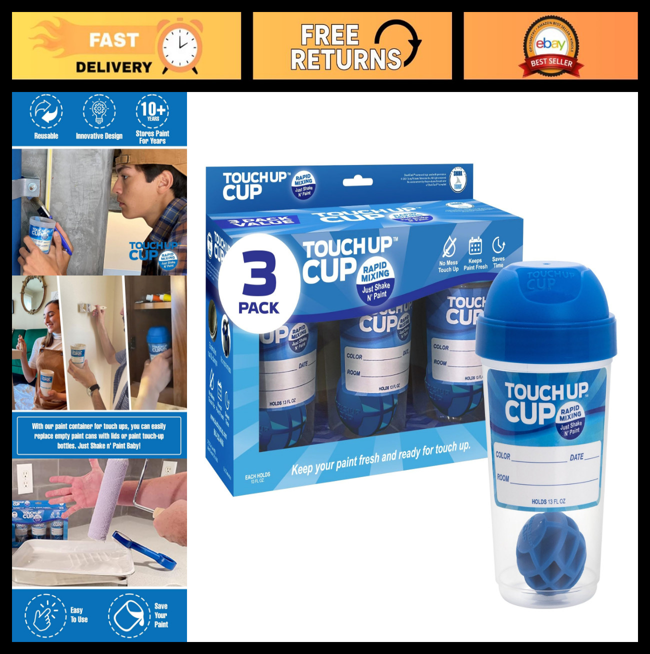 Empty Plastic Paint Storage Containers with Lids - 13 oz, Pack of 3 for Touch Up