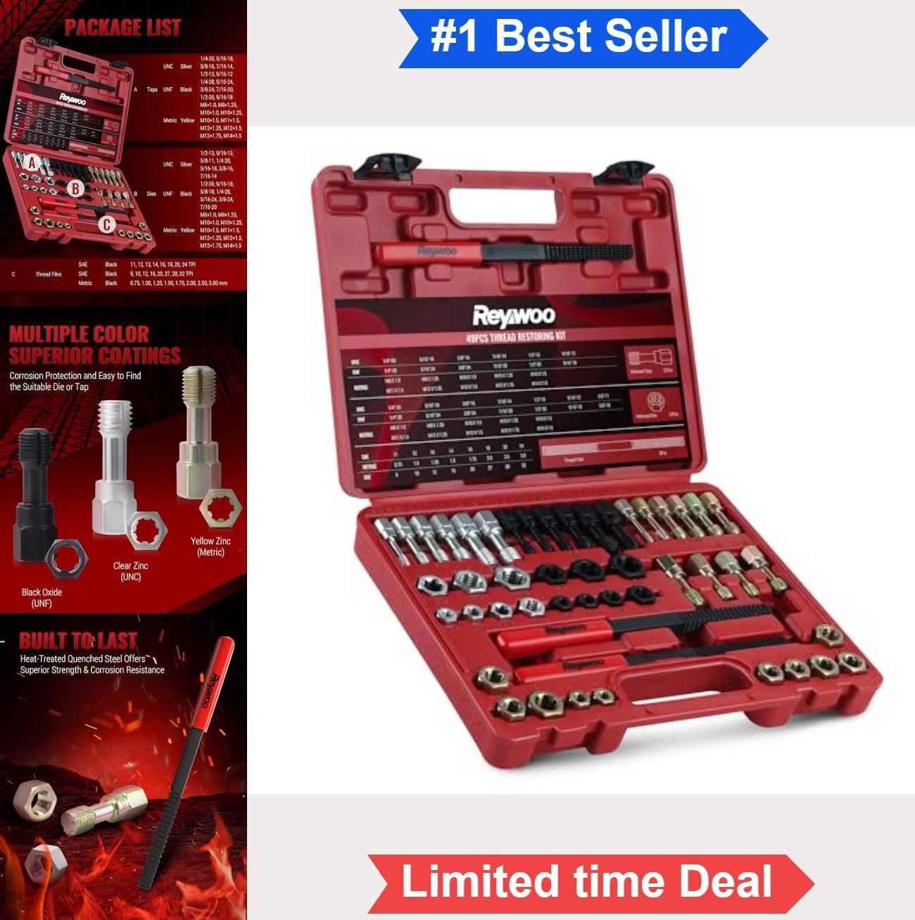 Thread Chaser Set 49 Piece Metric SAE Tap Die Kit UNC UNF Sizes Hex Steel