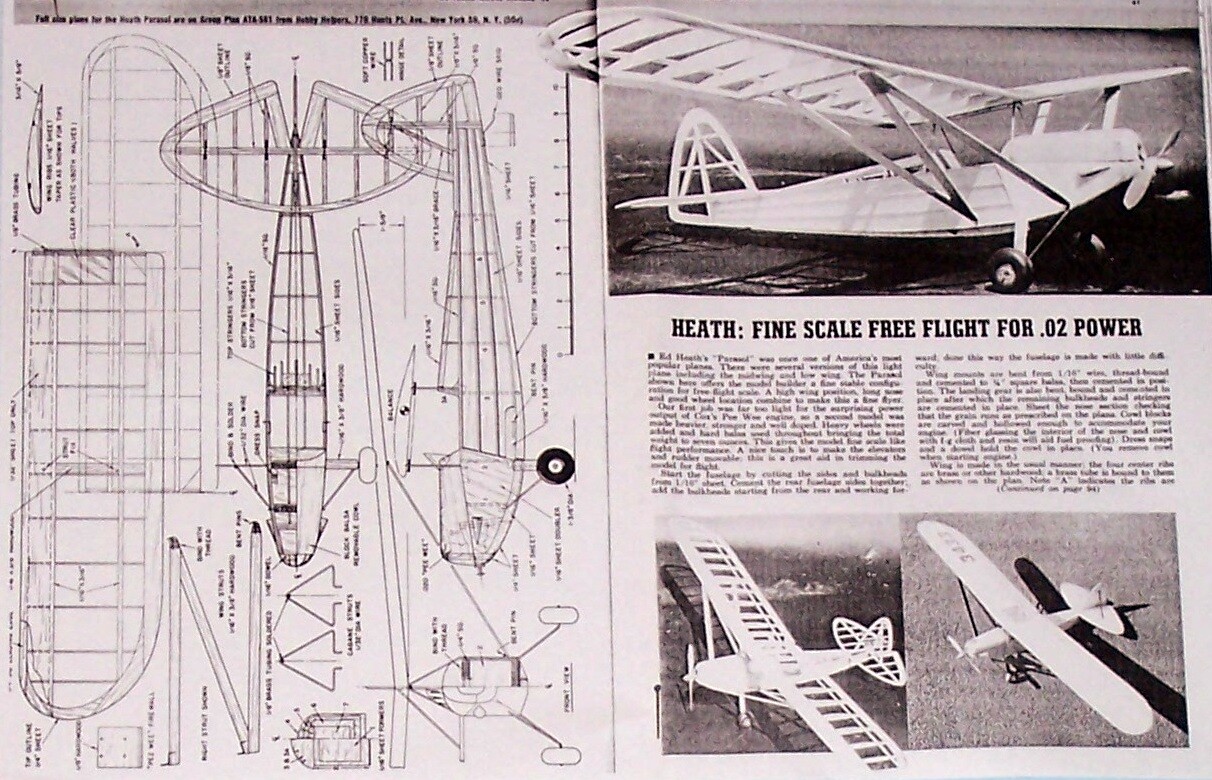 HEATH PARASOL PLAN + CONSTRUCTION ARTICLE FF / RC COX .02 SCALE Model Airplane