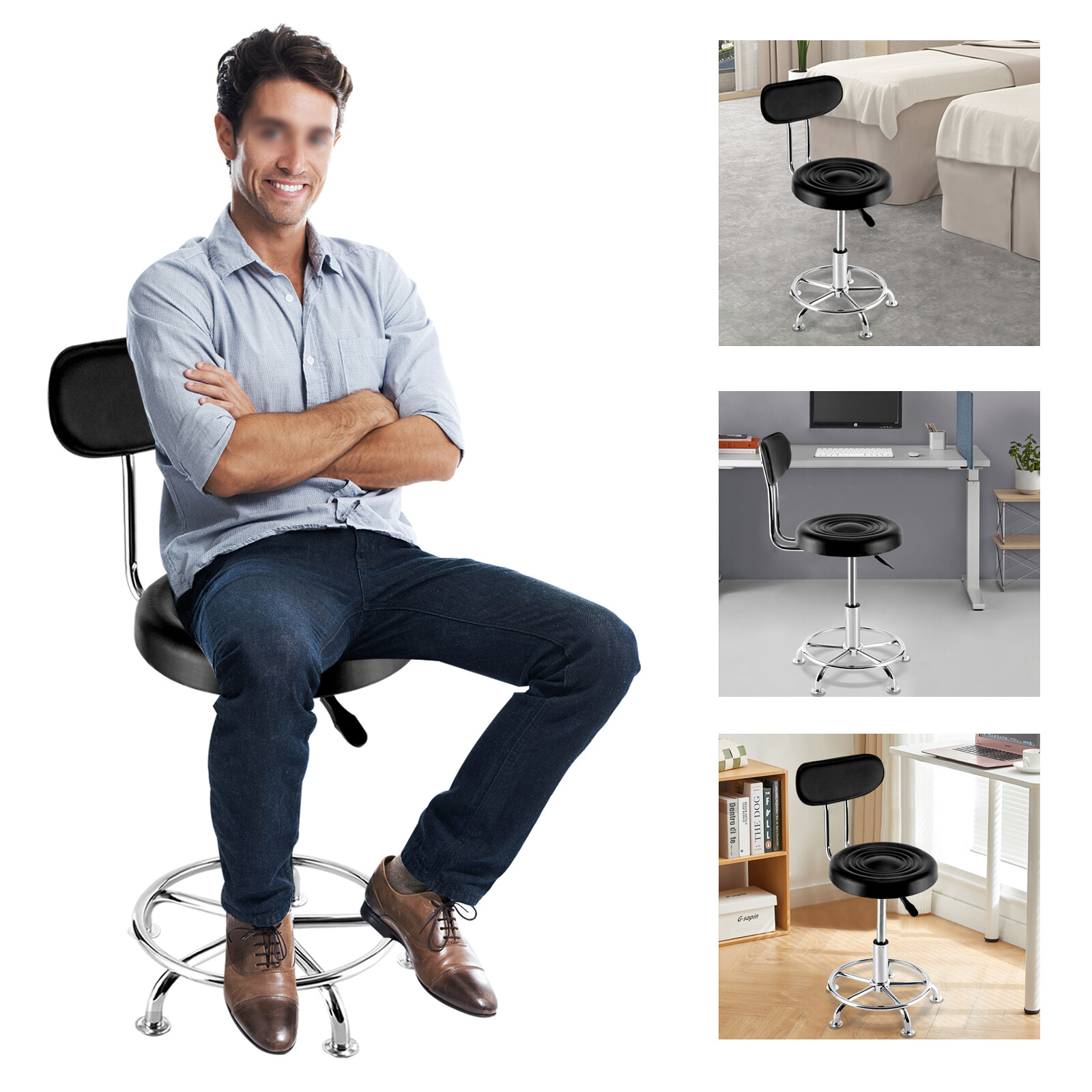 Leather Stool Work Shop Seat Chair Height Adjustable Garage Stool With Backrest