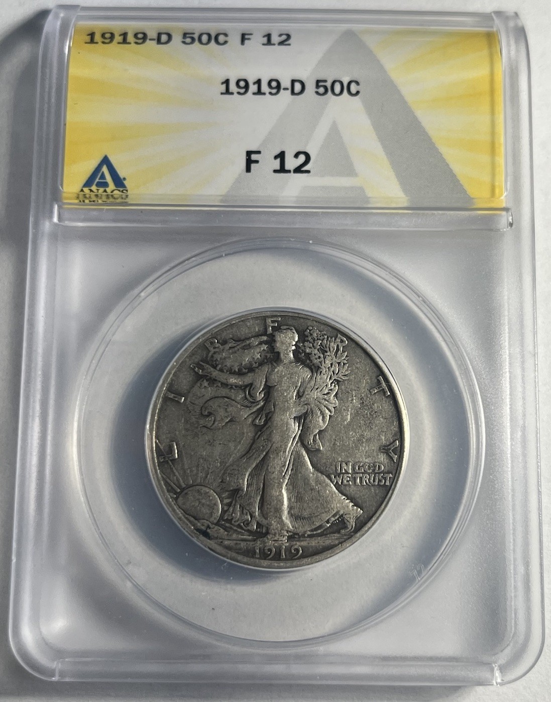 1919-D WALKING LIBERTY HALF DOLLAR GRADED ANACS F12