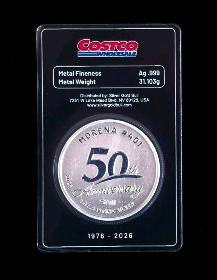 A 2026 SMI Morena #401 COSTCO 1 oz. .999 Fine Silver Proof Round 50th Anniv.