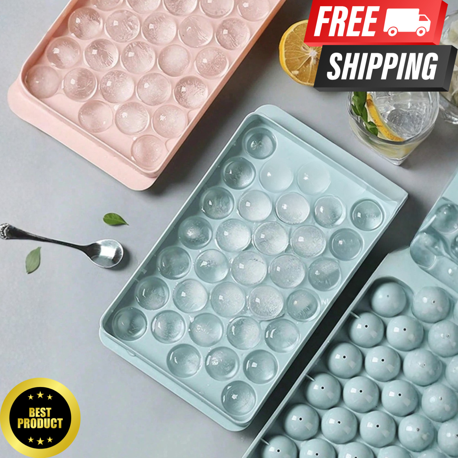 Round Ice Ball Maker Mold with Lid Silicone Ice Cube Tray for Cocktail Drinks